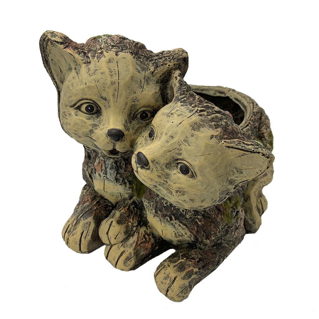 12.5" Brown Flax Yellow Distressed Finish Double Cats Figure Planter
