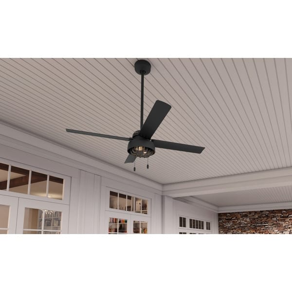 slide 2 of 12, Hunter 52" Spring Mill Outdoor Ceiling Fan w/ LED Light and Pull Chain, Damp-Rated - Industrial, Transitional, Caged Matte Black