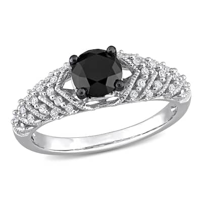 Miadora 4/5ct TDW Round-cut Black and White Diamond Vintage Chevron Engagement Ring 14k White Gold