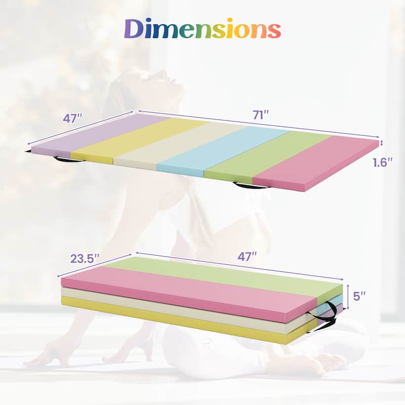 Multicolor Folding Gymnastics Mat Tri Fold Exercise Mat with Handles EPE Foam PU Leather - 71" x 47" x 1.6"