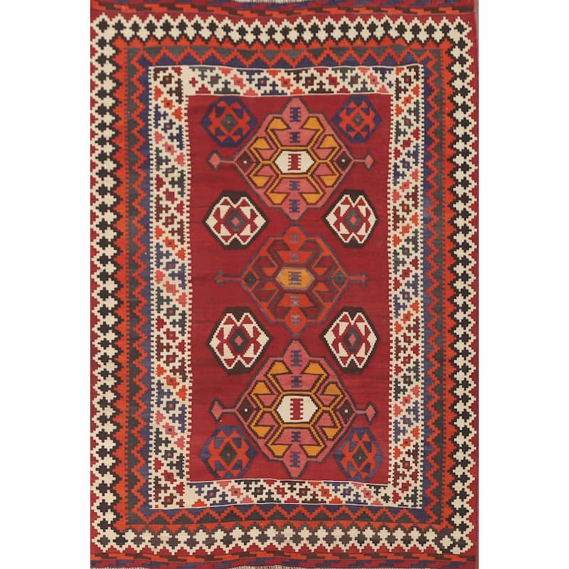Red Kilim Qashqai Persian Area Rug Flatweave Wool Carpet - 5'4" x 7'11"