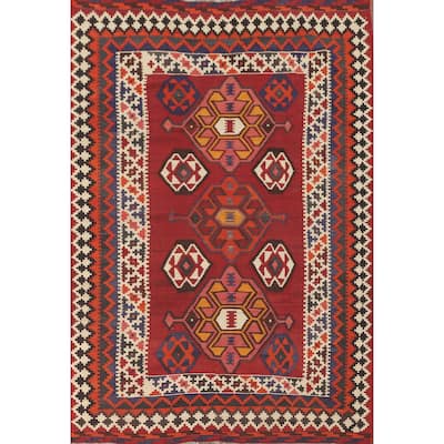 Red Kilim Qashqai Persian Area Rug Flatweave Wool Carpet - 5'4" x 7'11"