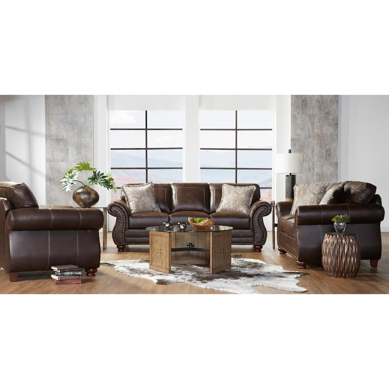 Roundhill Furniture Leinster Fabric Upholstered Nailhead Sofa, Loveseat, and Chair Set in Espresso
