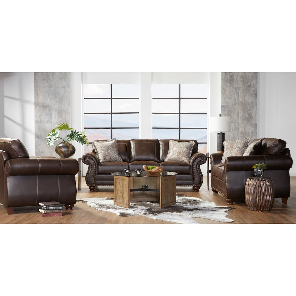 Roundhill Furniture Leinster Fabric Upholstered Nailhead Sofa, Loveseat, and Chair Set in Espresso
