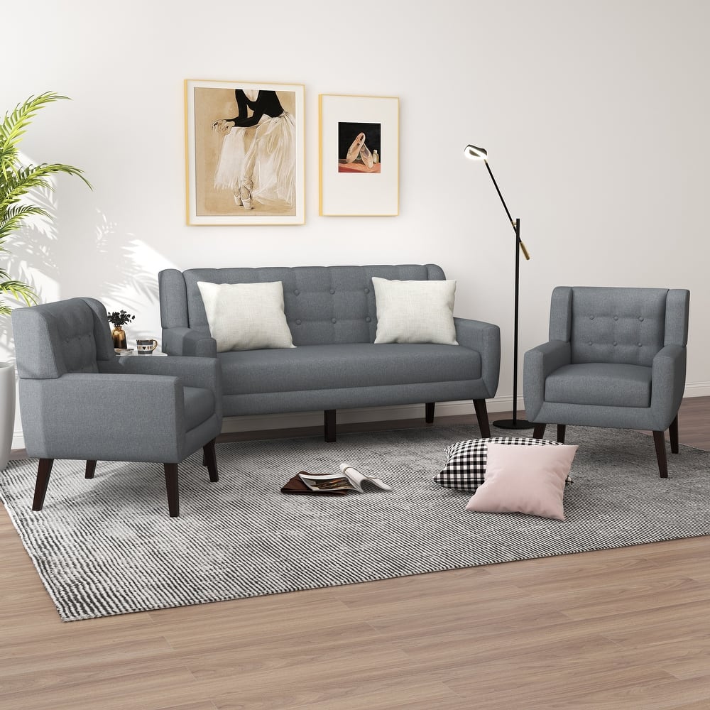 Tufted Linen/Cotton Loveseat with 2 Accent Chairs