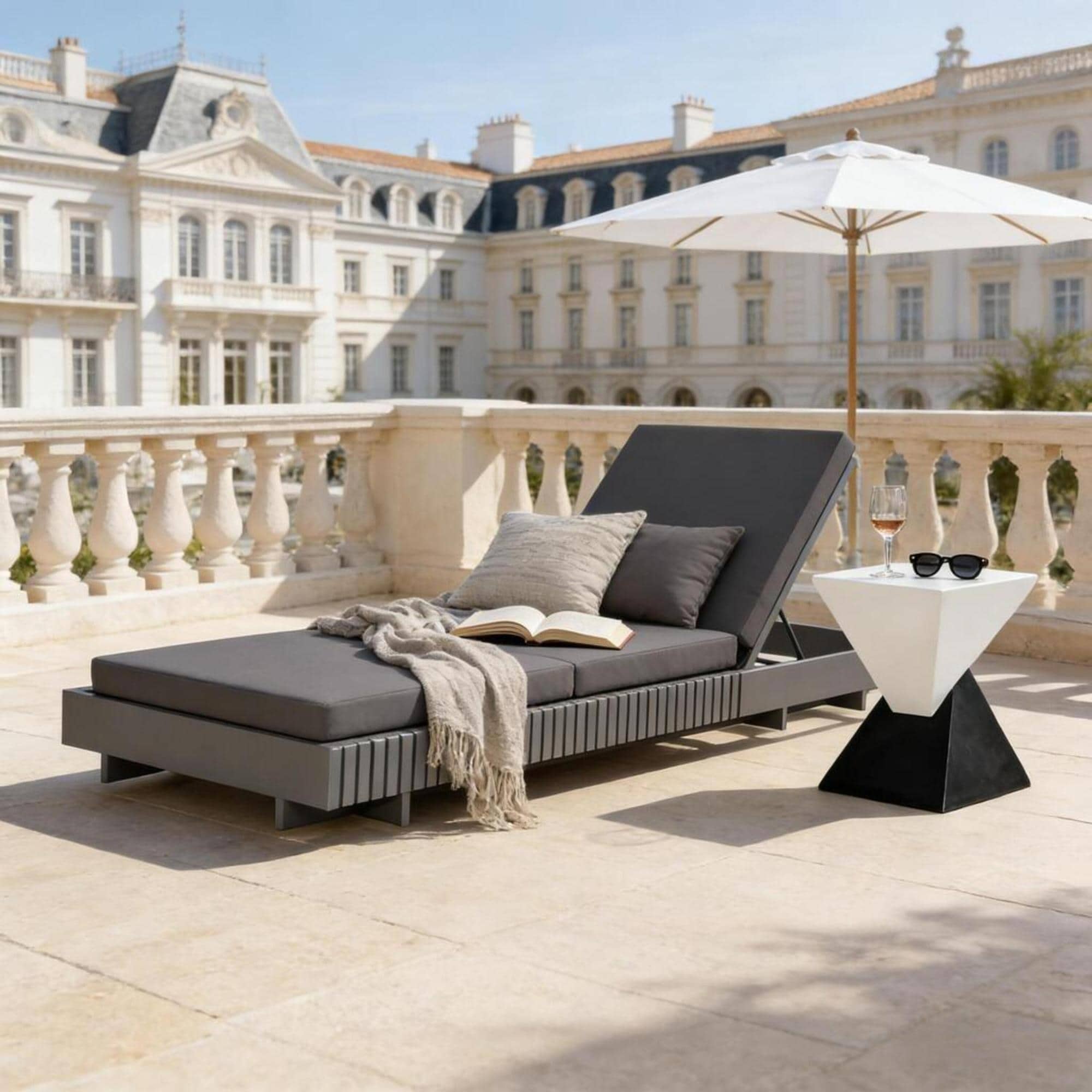 Roomfitters Outdoor Lounge Chaise Set with Slatted Acacia Frame and Geometric Side Table for Patio Poolside, Dark Grey