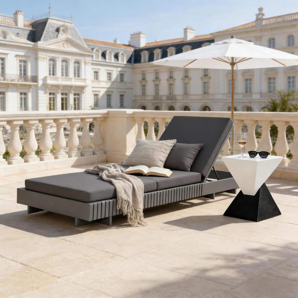 Roomfitters Outdoor Lounge Chaise Set with Slatted Acacia Frame and Geometric Side Table for Patio Poolside, Dark Grey