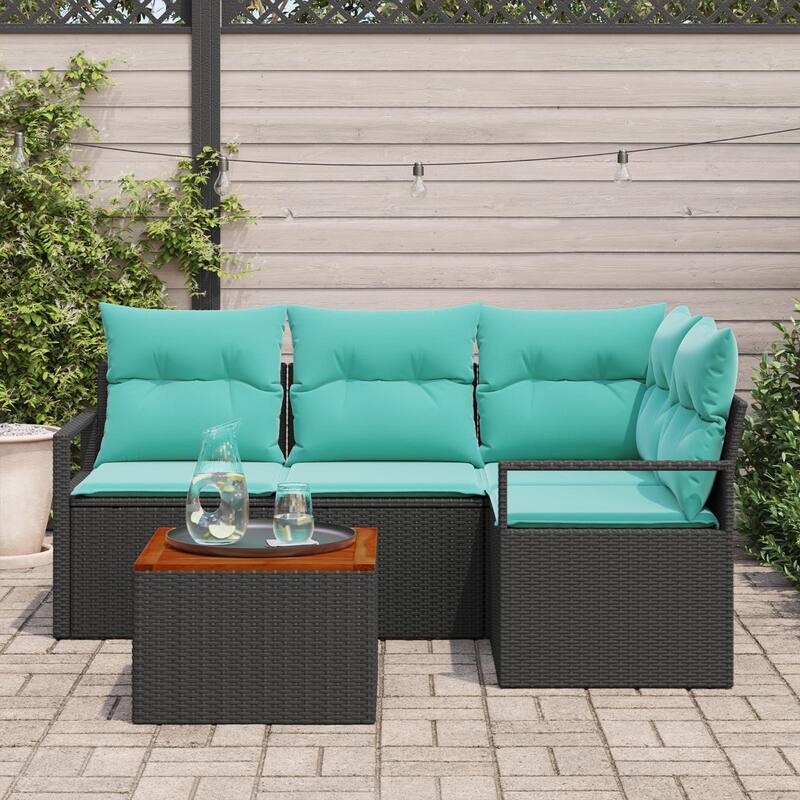vidaXL 5 Garden Sofa Set with Cushions Black/Grey Poly Rattan - 69.7 x 48 x 27.2