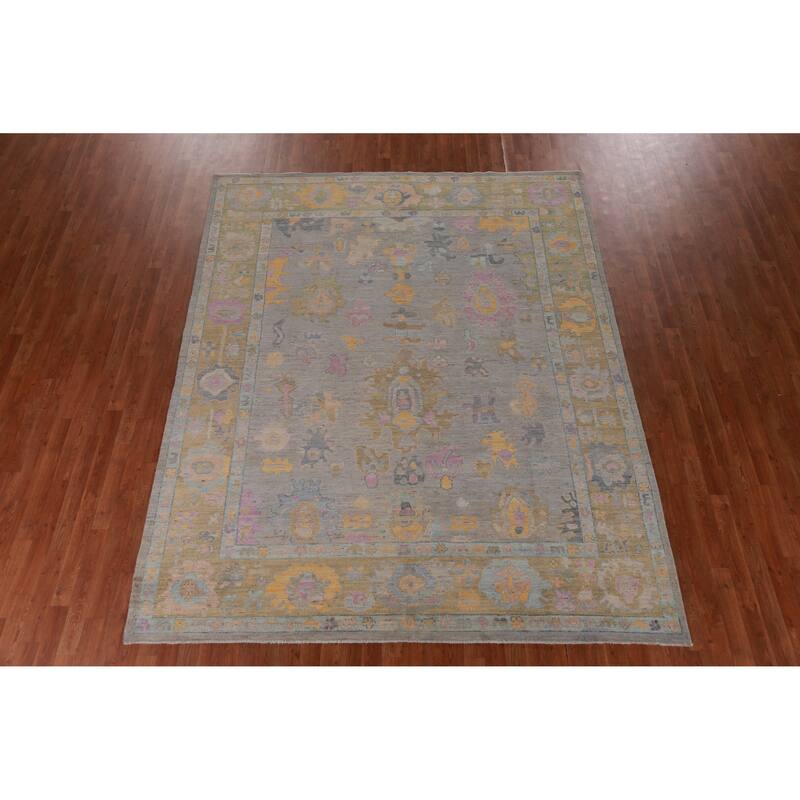 Hand Knotted Oriental 100% Wool Carpet Transitional All-Over Greys & Charcoal Oushak Area Rug - 9' 3'' X 7' 9''