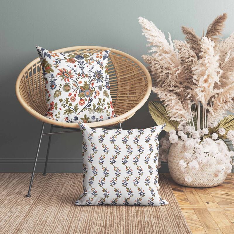 Jewel Toned Florals Faux Suede Reversible Throw Pillow White and Blue