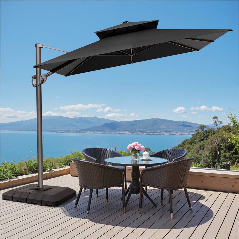9 x 12 ft Double Top Patio Cantilever Umbrella with Base, 360-degree Rotation