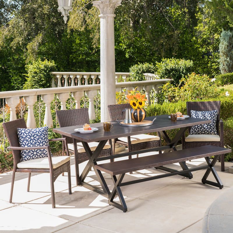 Tritan Outdoor 6-piece Rectangle Aluminum Wicker Dining Set with Cushions by Christopher Knight Home - Brown