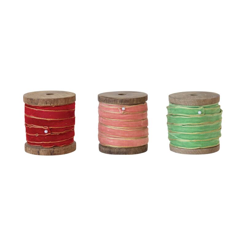 Velvet Ribbon with Metallic Edges on Wood Spool, Set of 3 - Multi - Multi