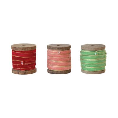 Velvet Ribbon with Metallic Edges on Wood Spool, Set of 3 - Multi