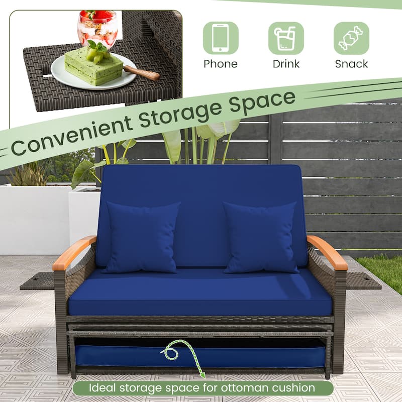 Gymax Outdoor Wicker Daybed Patio Loveseat & Storage Ottoman Set w/