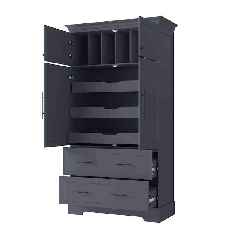 Farmhouse Kitchen Pantry, 40"W - 4-Door Freestanding Cabinet with Pull-Out Trays, Drawers & Pan Storag