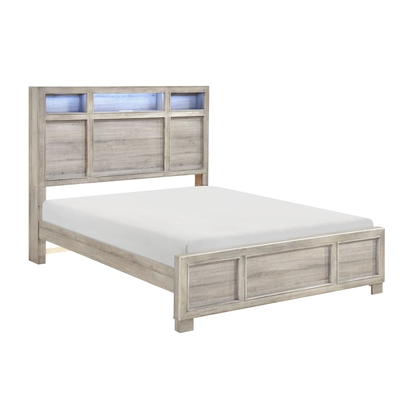 Gray Finish Bed 1pc Storage Headboard LED Light USB Ports