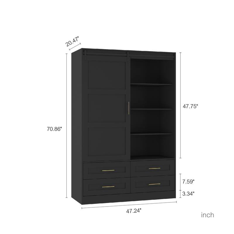 Black Wood Tall Bedroom Armoire Wardrobe Storage Closet Clothing Storage Cabinet with Hanging Rod and Drawers