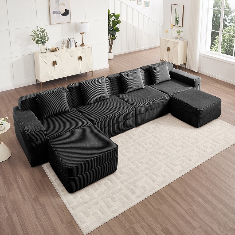 GDFStudio - Corduroy Modular 4-Seater 153.5" U-Shaped Boneless Cloud Sofa with 2 Ottomans