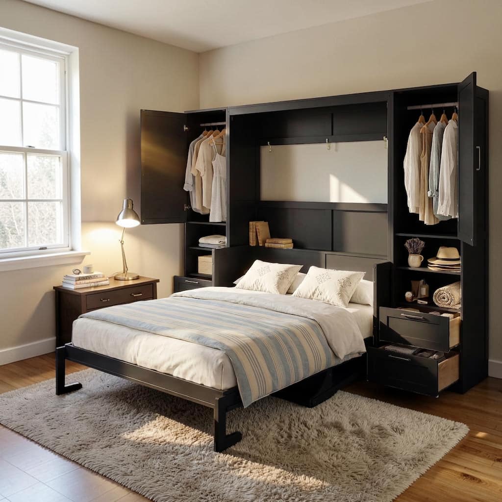Queen Murphy Bed with Closet and Drawers, Wall Bed with Shelves, Space Saving Foldable Bed Frame