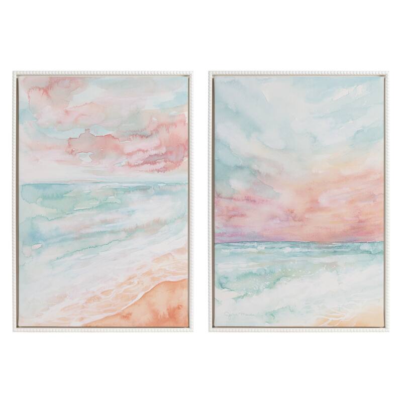 Kate and Laurel Sylvie Beaded All is Calm and Sky and Sea Framed Canvas Art Set by Julie Maida - 2 Piece Set 23x33 - White