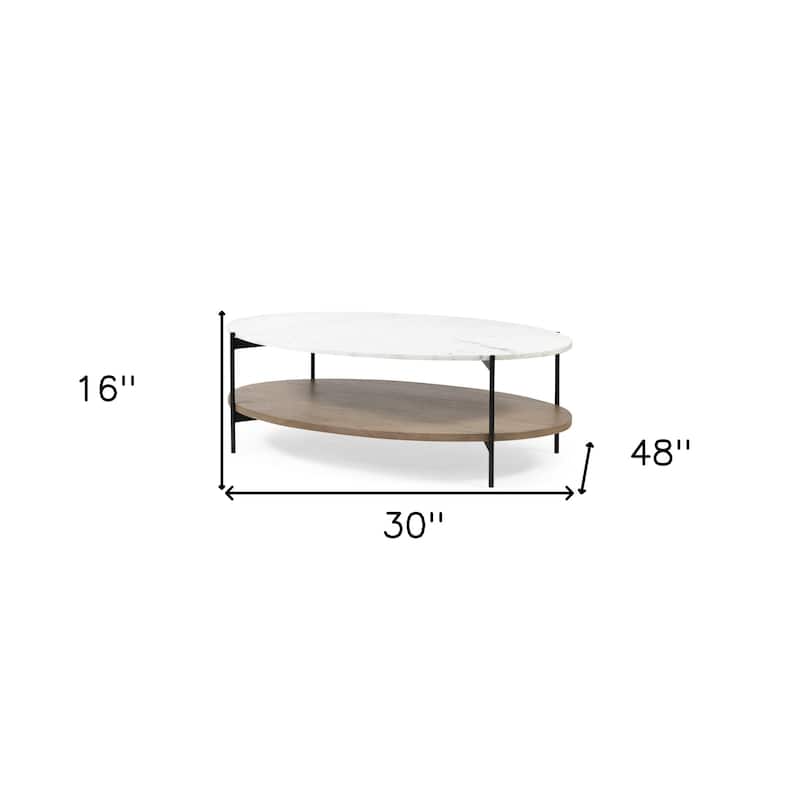 HomeRoots 48" Brown and Black Genuine Marble and Metal Oval Coffee Table With Shelf - 30