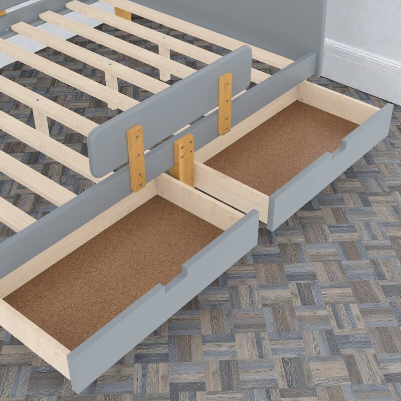 Twin/Full Wood Platform Bed with Storage Drawers, Guardrail, Shelf & Hooks, Solid Wood Frame, No Box Spring Needed