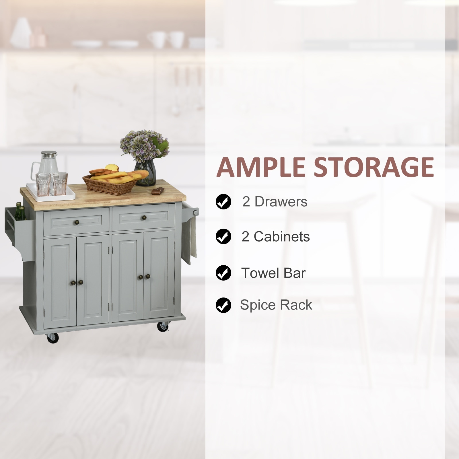 HOMCOM Rolling Kitchen Island Cart with Rubber Wood Top Spice