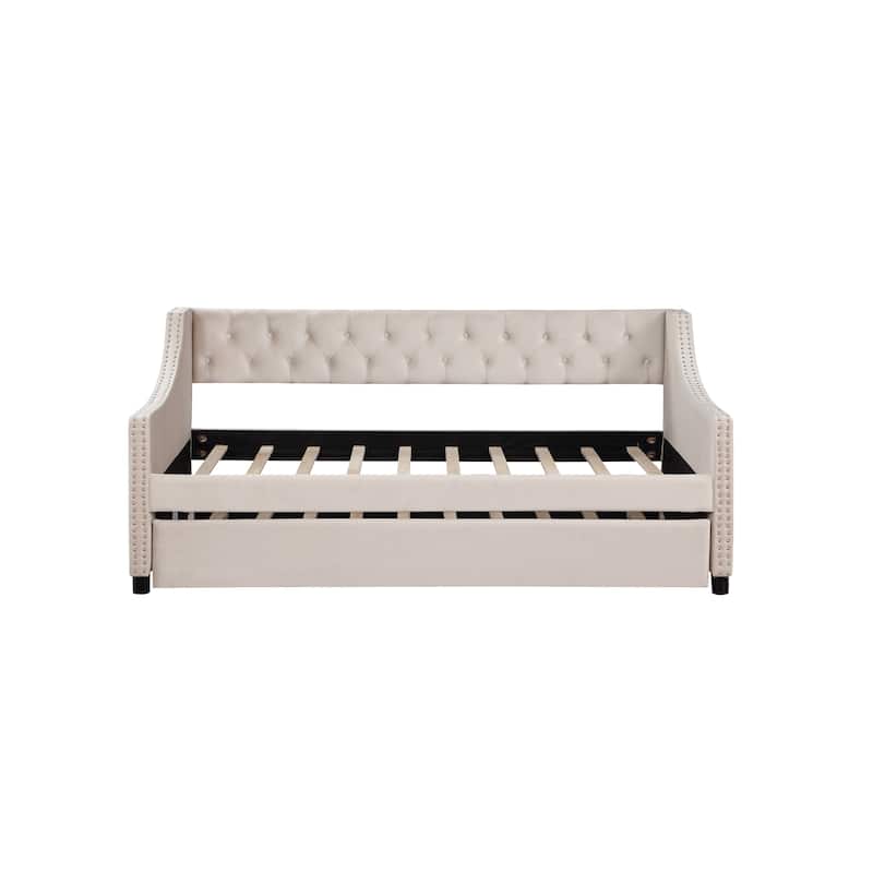 Upholstered Velvet Tufting Sleeper Sofa Chesterfield Daybed with Trundle - Twin Size - Beige