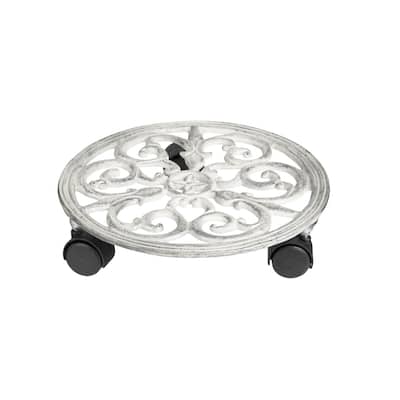 11.5"D Distressed White Metal Rolling Plant Trolley, Fleur Des Lis