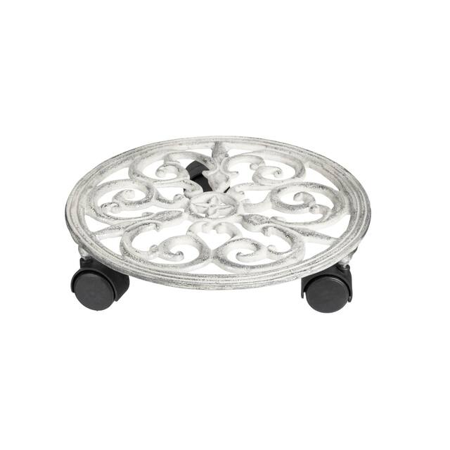 11.5"D Distressed White Metal Rolling Plant Trolley, Fleur Des Lis