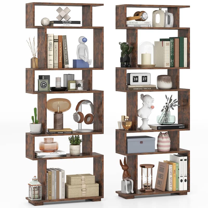 Gymax 2PCS 6-tier Storage Bookshelf Tall Display Shelf w/ - Brown
