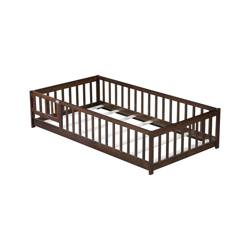 Twin/Full/Queen Size Floor Bed with Fence Guardrails and Door, Rubber Wood Toddler Bed Montessori Bed with Slats Support