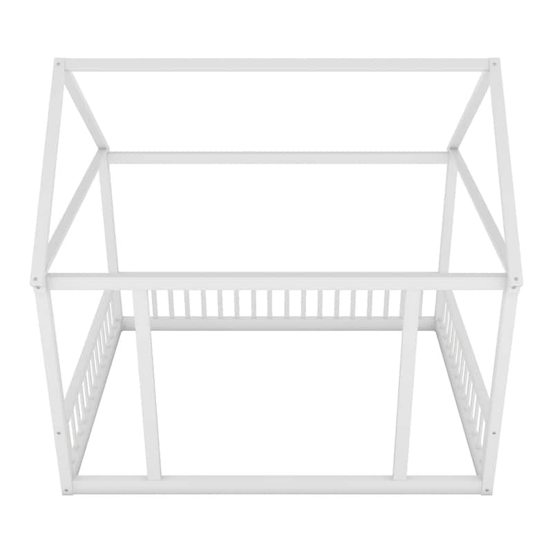 Full Size Floor Wooden Bed with House Roof Frame and Safety Guardrails