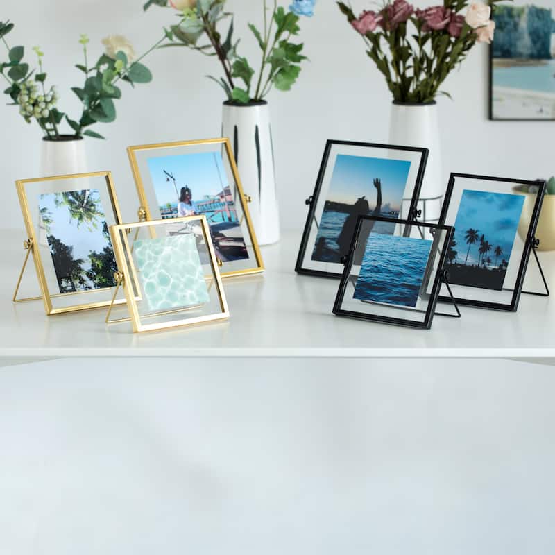 Modern Metal Floating Tabletop Photo Picture Frame with Glass Cover and Easel Stand