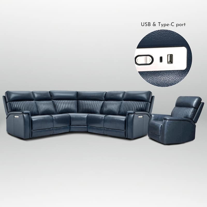 105" W Genuine Leather Power Reclining Sectional and Recliner Sofa Set with USB&USB-C Port, 2 Stationary Armlesschairs