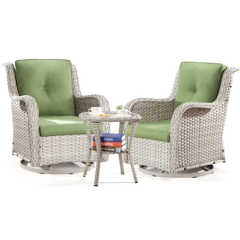 Cozywor 3-Piece Grey Wicker Patio Swivel Outdoor Rocking Chair Set
