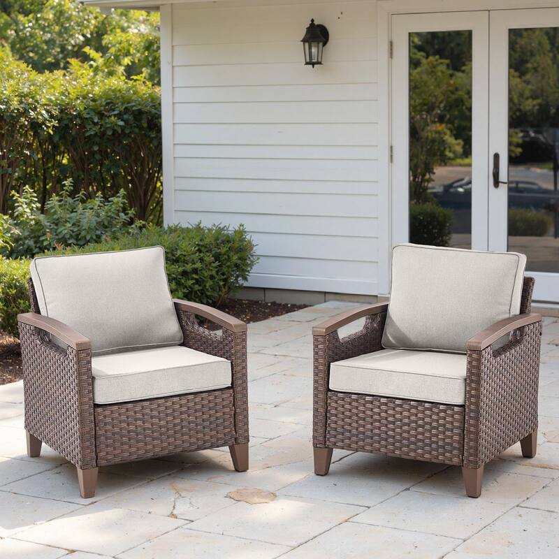 Pocassy Outdoor Brown Wicker Funitre with Cushion Set - Beige Cushion - Club Chairs Set of 2
