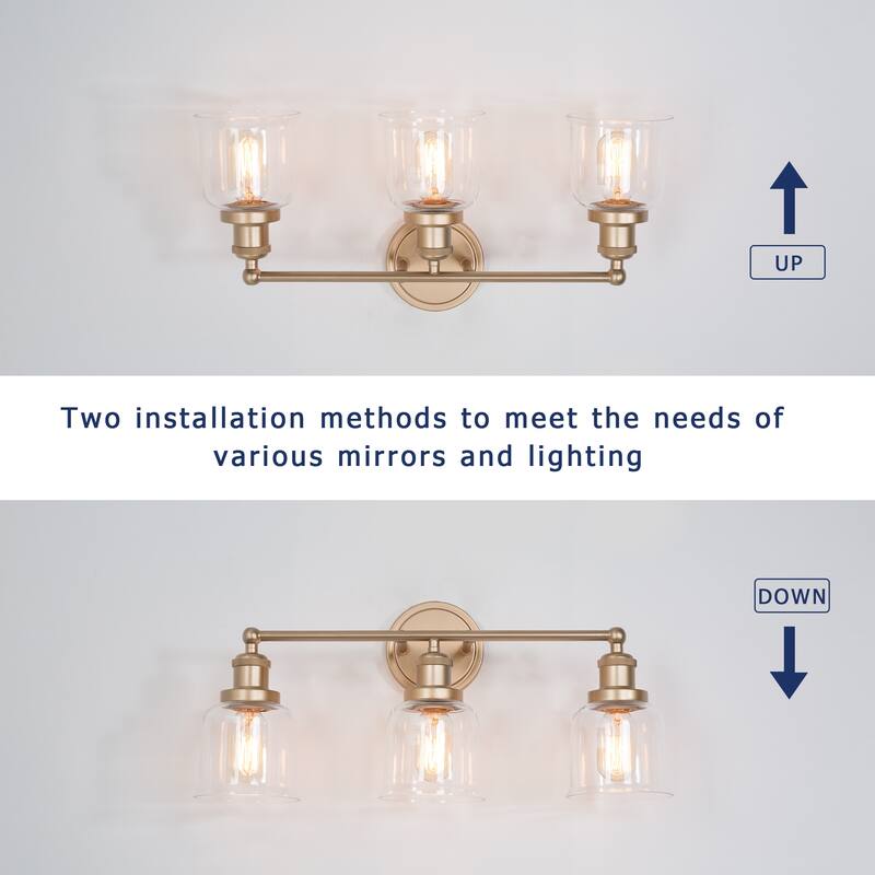 Cionar Modern Gold 3-Light Dimmable Linear Bathroom Vanity Lights with Clear Bell Glass for Powder Room - L21.5"x W7.5"x H 10"