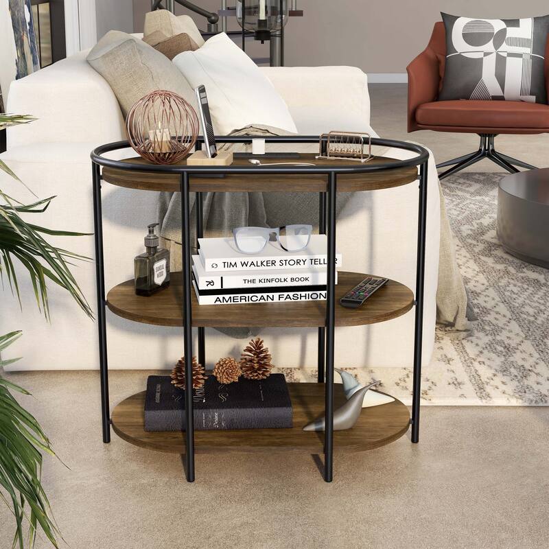 Moore Industrial Brown 26-inch Steel 3-Tiered Side Table with USB Ports and Outlets by Furniture of America