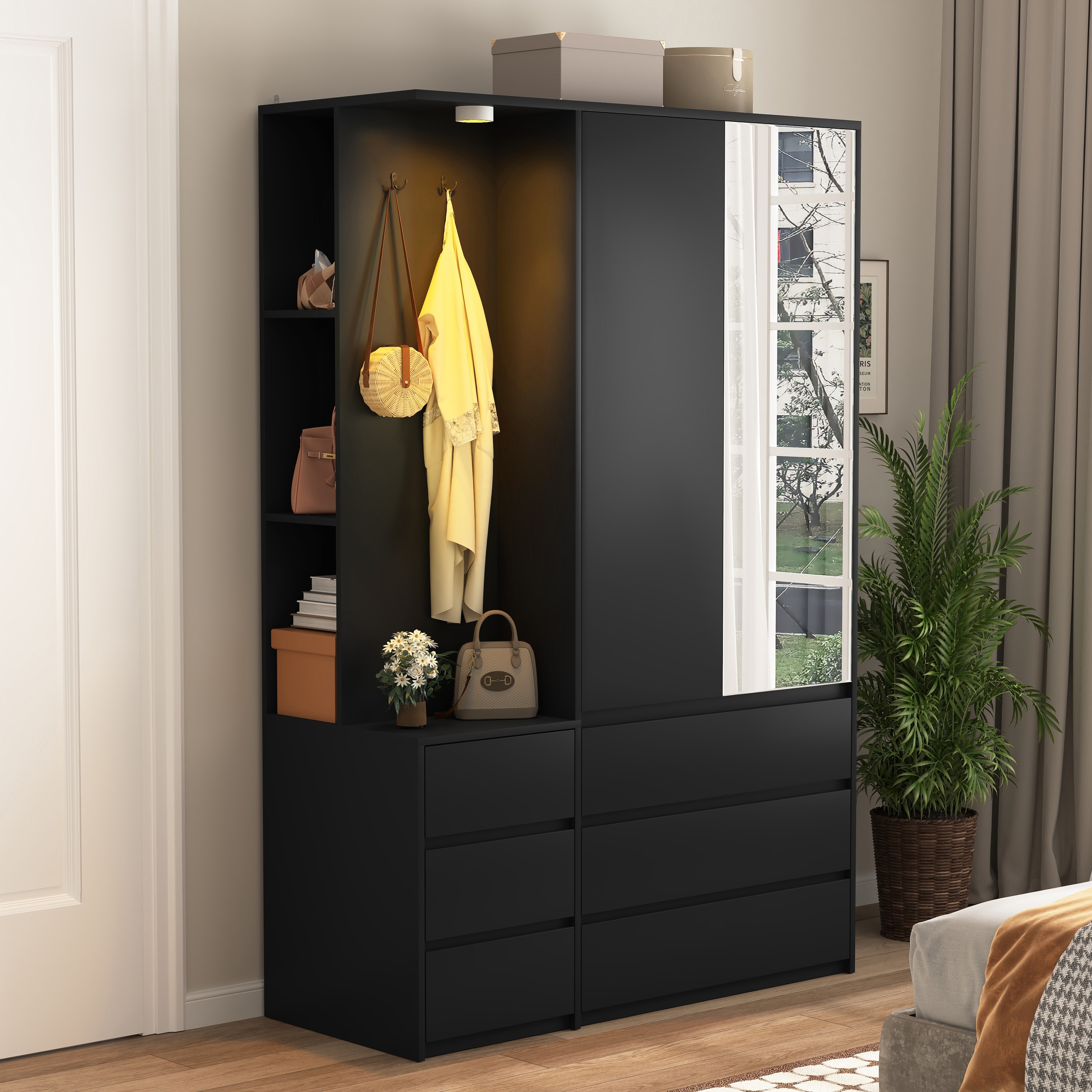 Modern Storage Wood Wardrobe with 6 Drawers Storage Shelves and Hanging Rail by GDFStudio