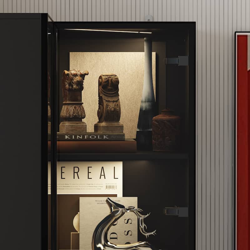 Black Glass Door Corner and Standard Cabinet Set with Lights Strips