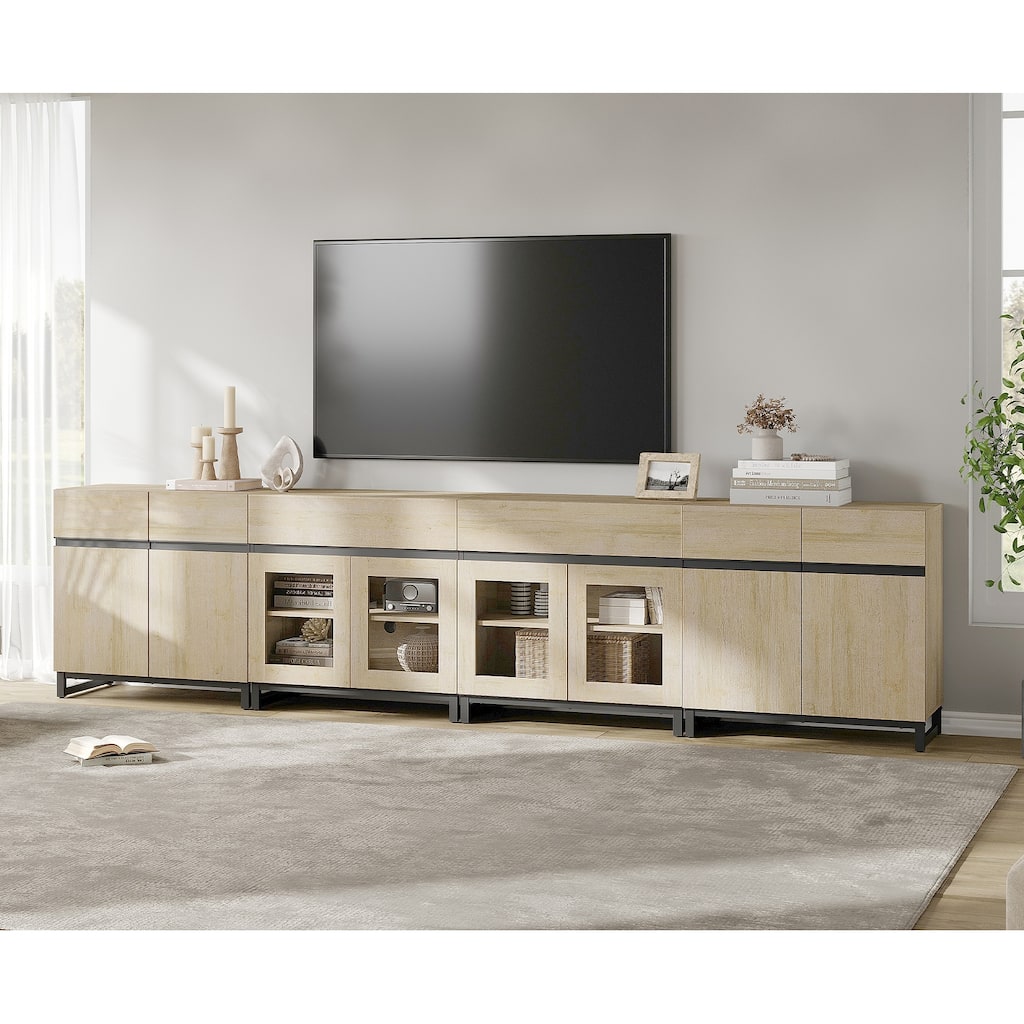Modern TV Stand for 120" TVs, 4-in-1 Console with Glass Doors & 2 Drawers