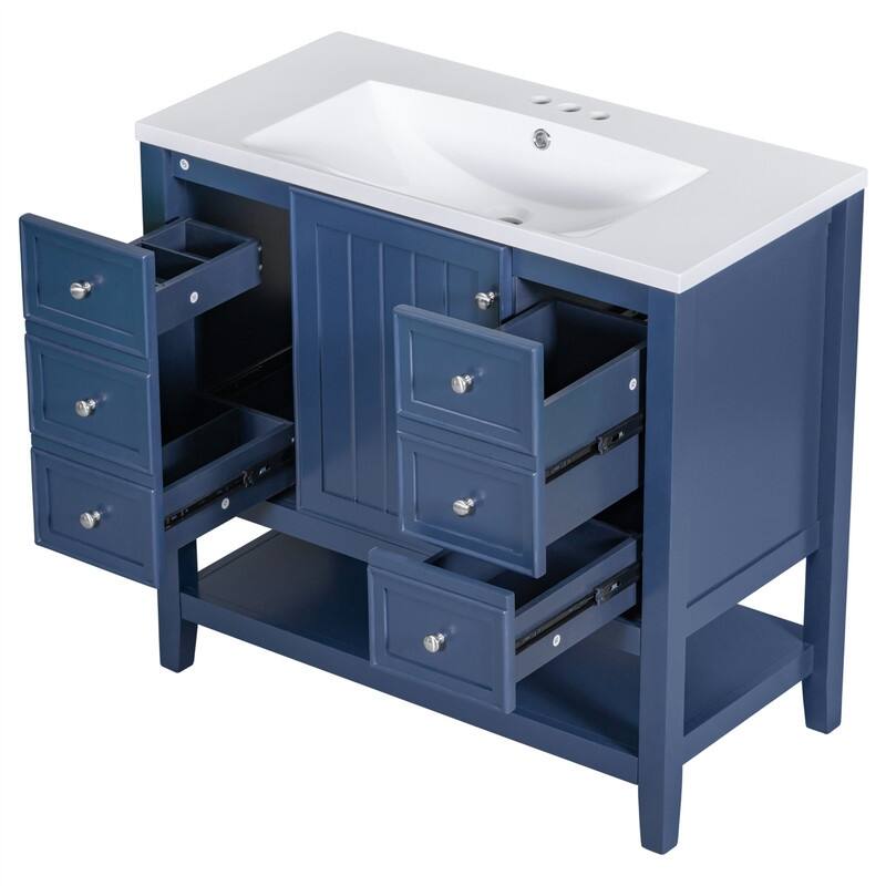 36" Bathroom Vanity with Ceramic Sink，Freestanding Bathroom Vanity Cabinet with 1 Door, 3 Storage Drawers and Adjustable Shelf
