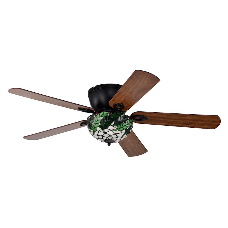 Kyemon 52-Inch Flushmount Lighted Ceiling Fan White Green Fronds Tiffany Glass Lamp Black Finish - White-Green