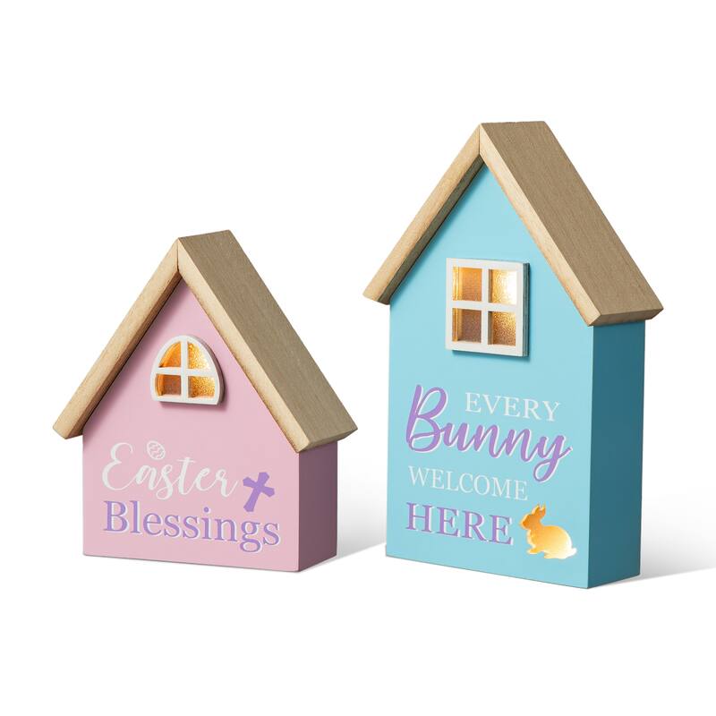 Glitzhome 6"/8"H Set of 2 Lighted Easter Wooden House-shaped Table Decor