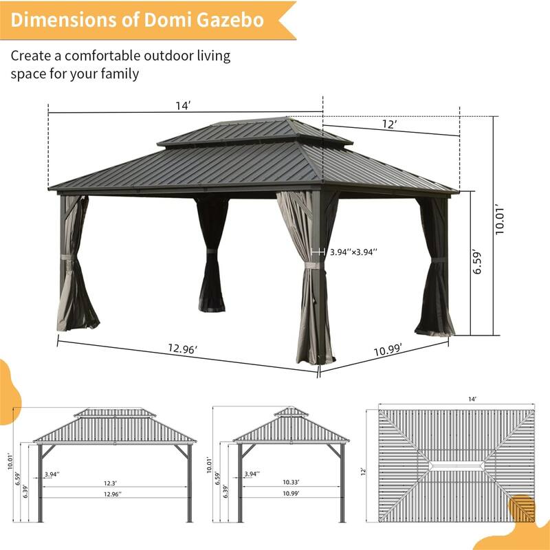 12' X 14' Aluminum Metal Gazebo with Galvanized Steel Double Roof Canopy - Gray