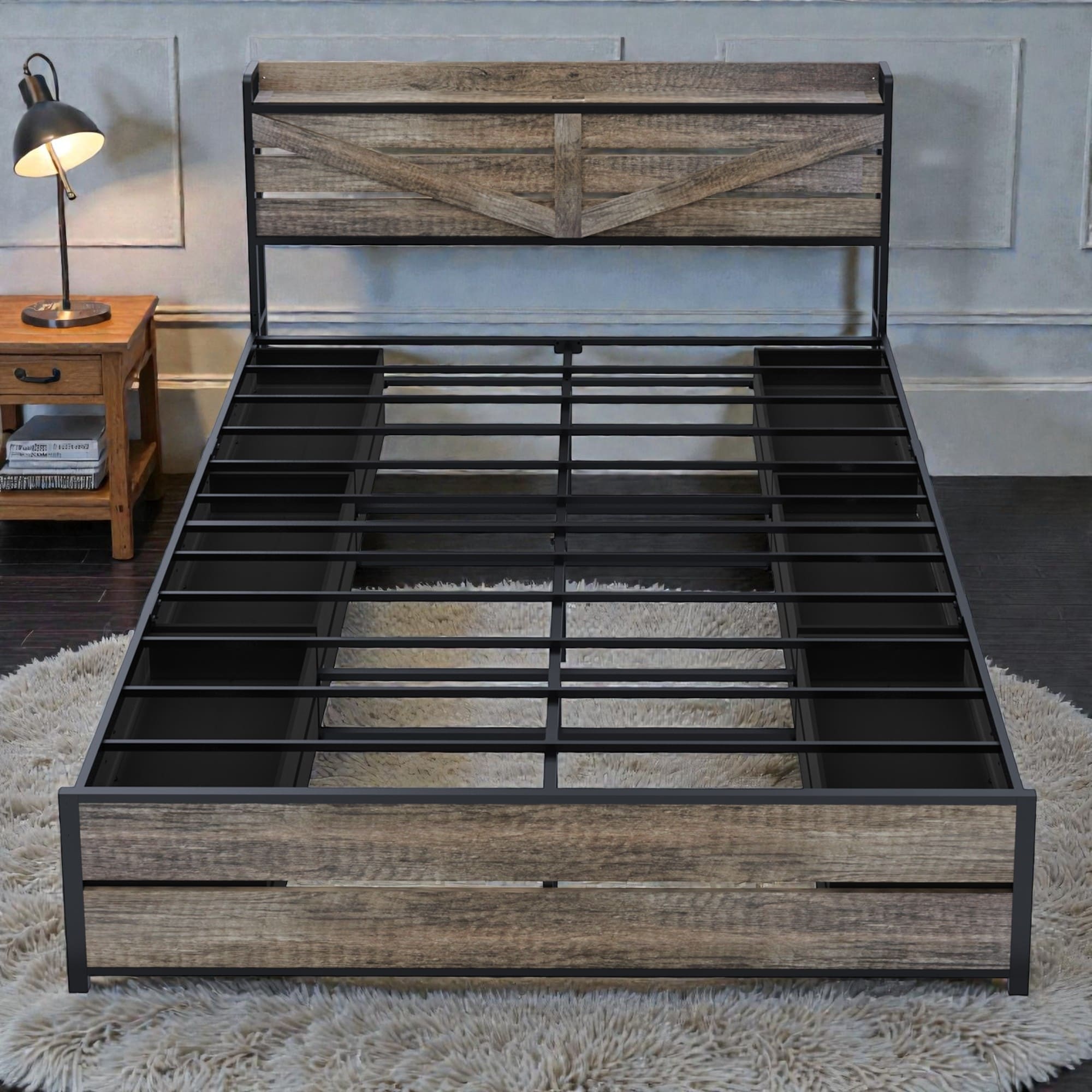 King Size Platform Bed Frame with Bookcase Headboard, 12 Storage Drawers and Charging Station, Metal Support and Slat Base
