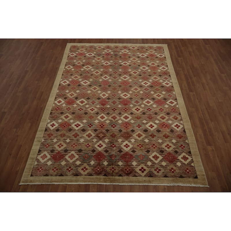 Hand Knotted Oriental 100% Wool Carpet Modern All-Over Multi-Colored Contemporary Area Rug - 9' 9'' X 6' 10''