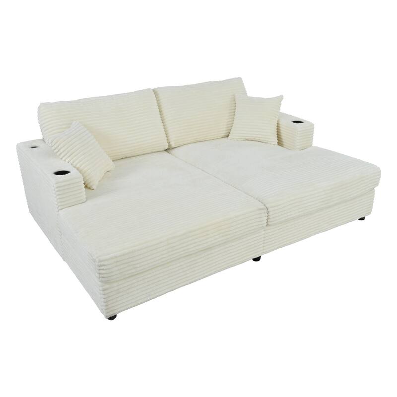 86.5" Corduroy Chaise Lounge Sofa with 2 USB Ports, Cup Holders, and 550lb Capacity